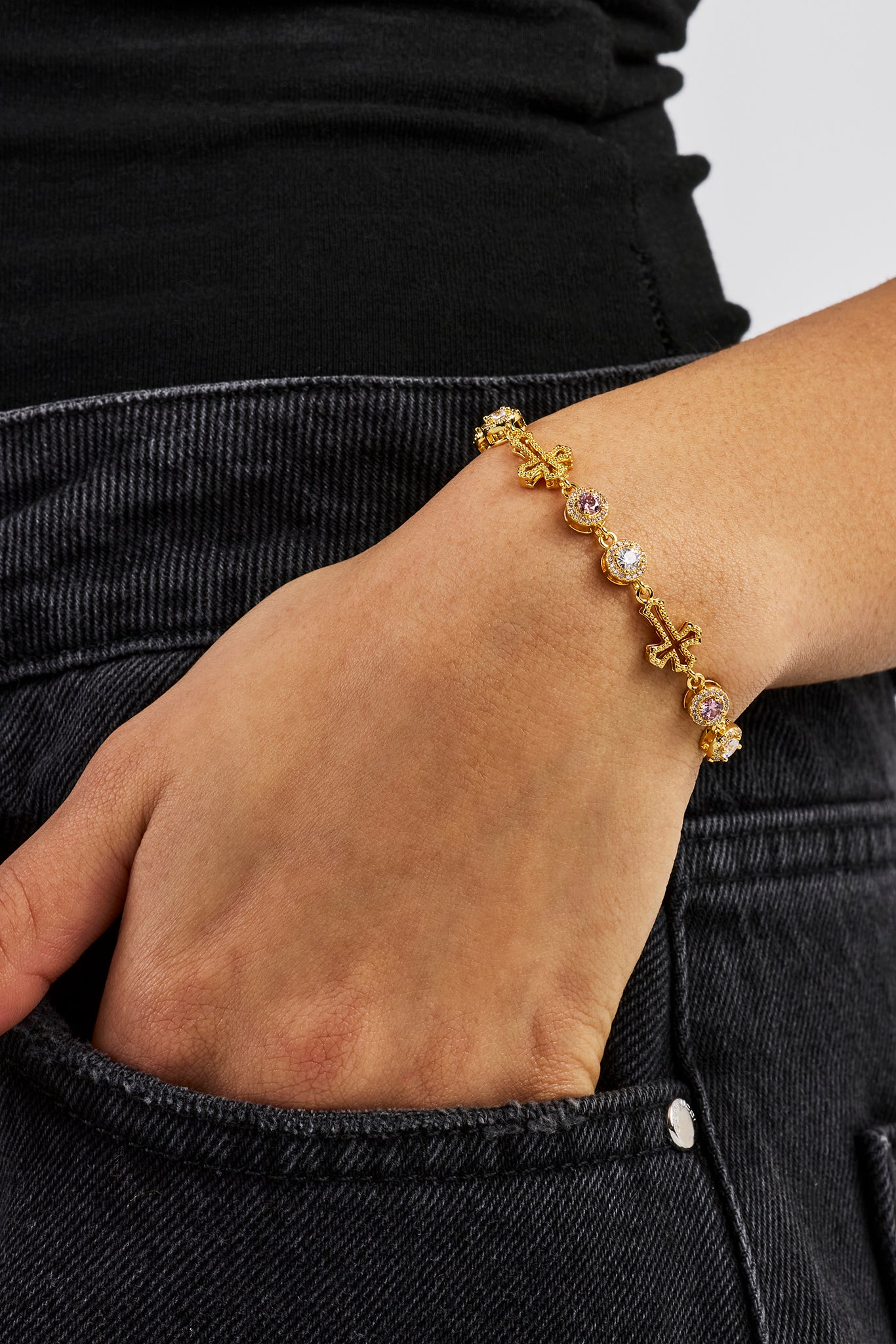 Circle CZ & Cross Outline Multigem Bracelet - 6mm - Gold